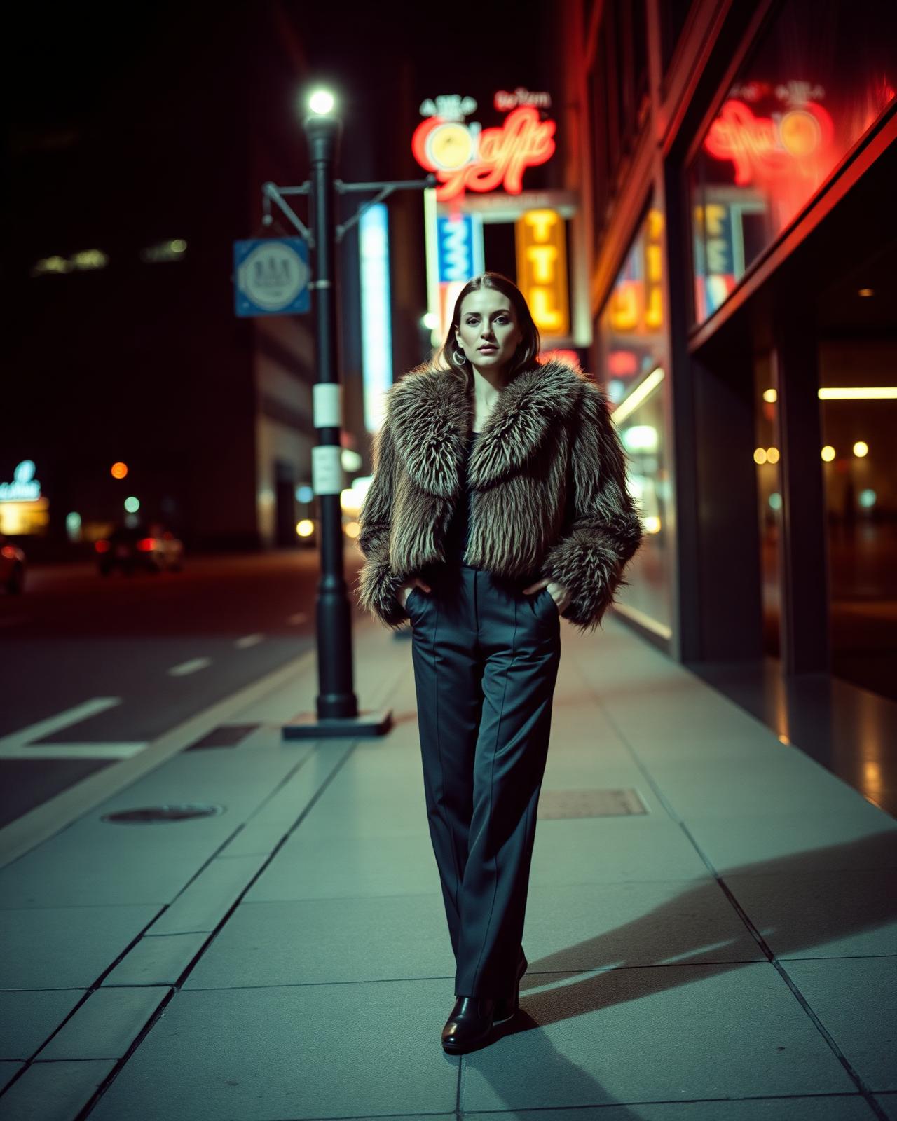 Campaign concept: model in a cropped faux fur jacket on a neon-lit city street at night
