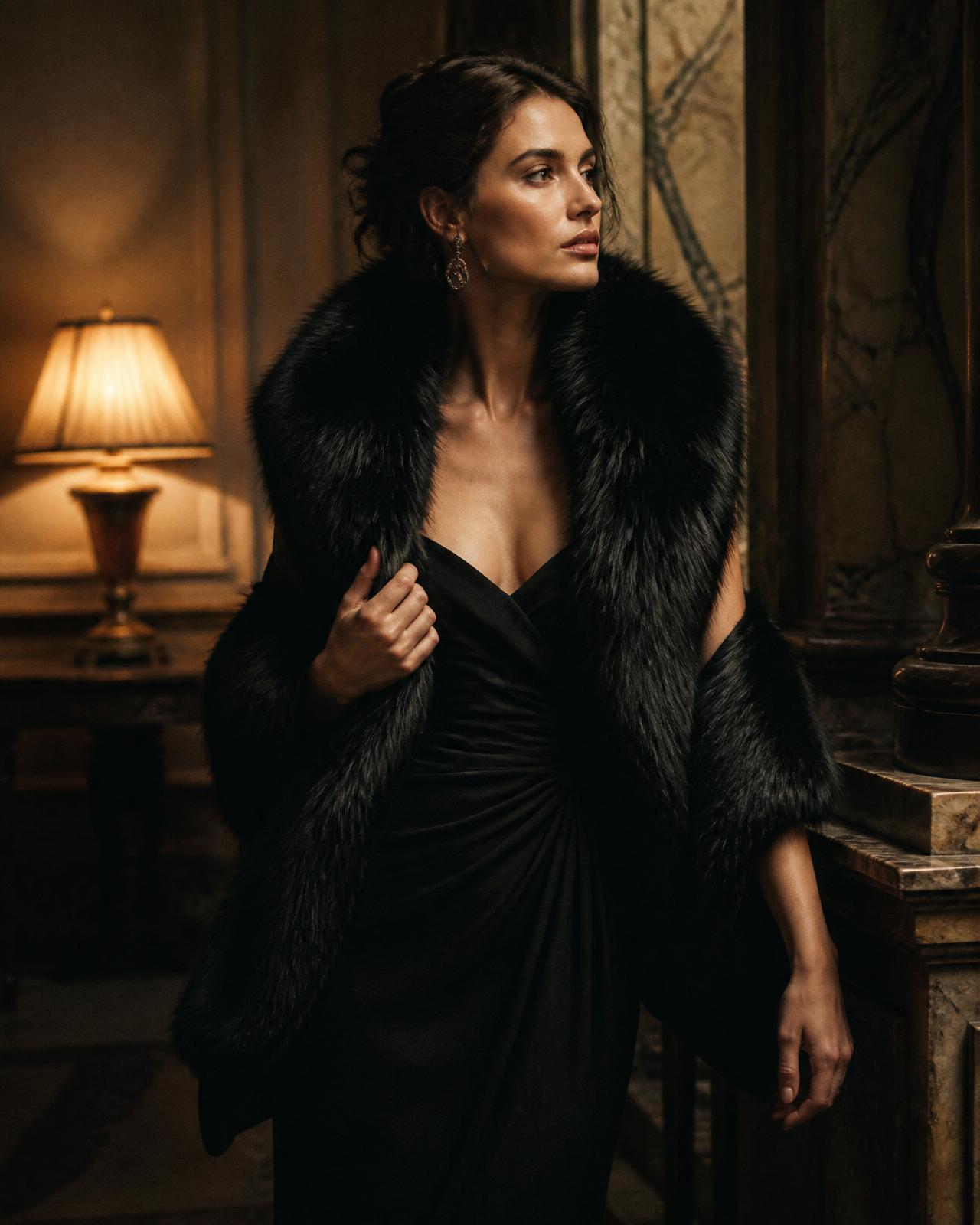 Campaign concept: model in a black gown with a plush black faux fur collar in warm lamplight