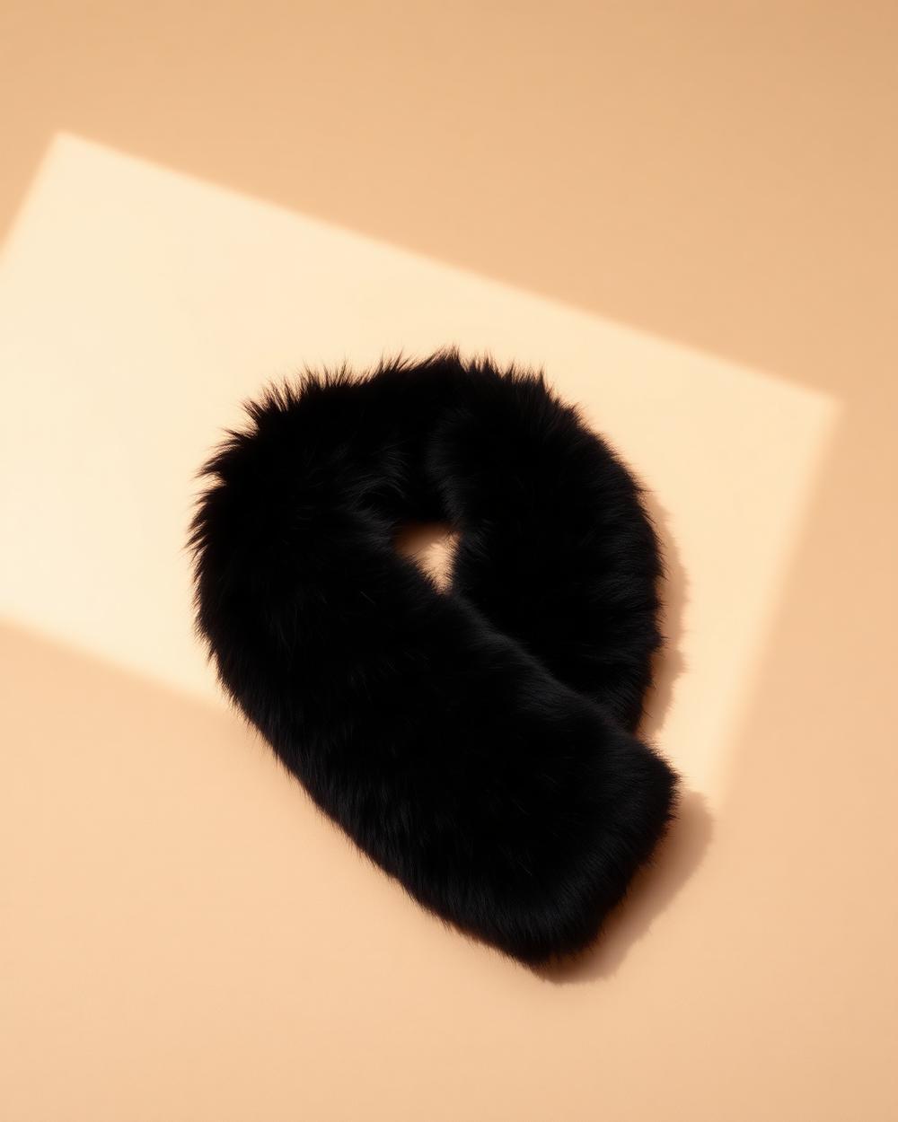 Black faux fur collar coiled on a warm cream surface in soft light