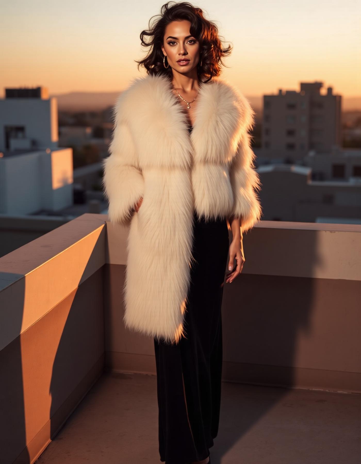 Model wearing an oversized cream faux fur shrug over a long black dress on a Los Angeles rooftop at golden hour